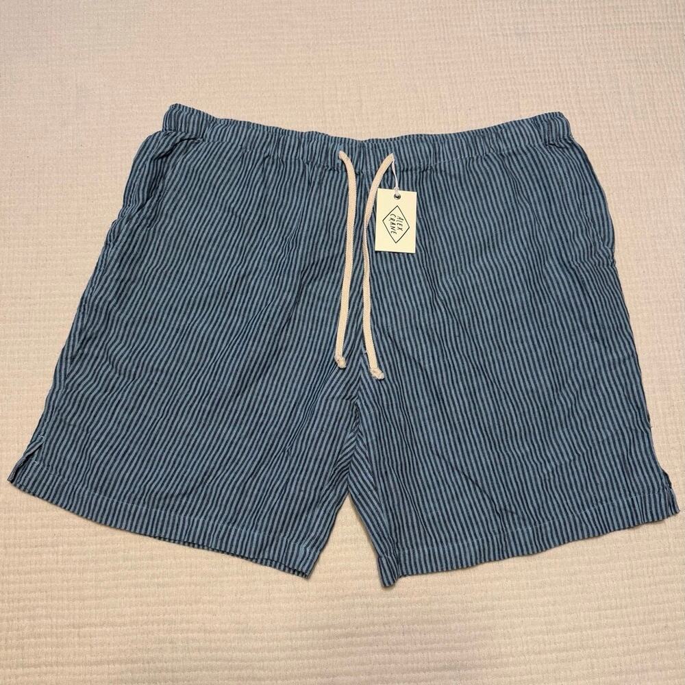 Striped Blue Linen Alex Crane Board Shorts Pull On Drawstring